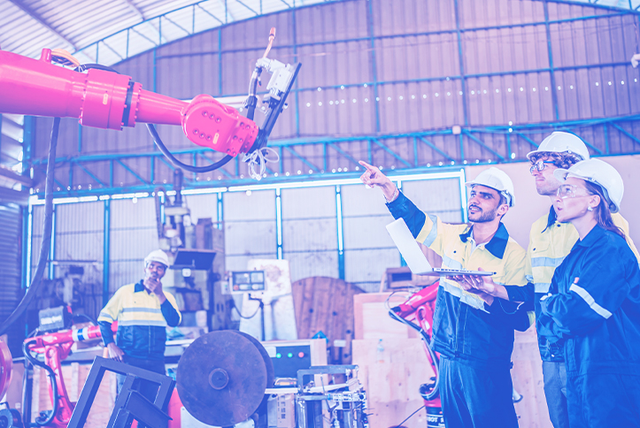 Instructores en una fábrica capacitando a empleados en el uso de maquinaria industrial